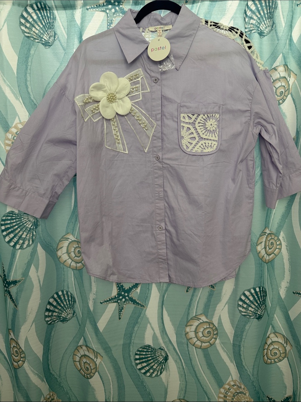 Pastels Light Lavender Button-Down Shirt with Decorative Flower Bow